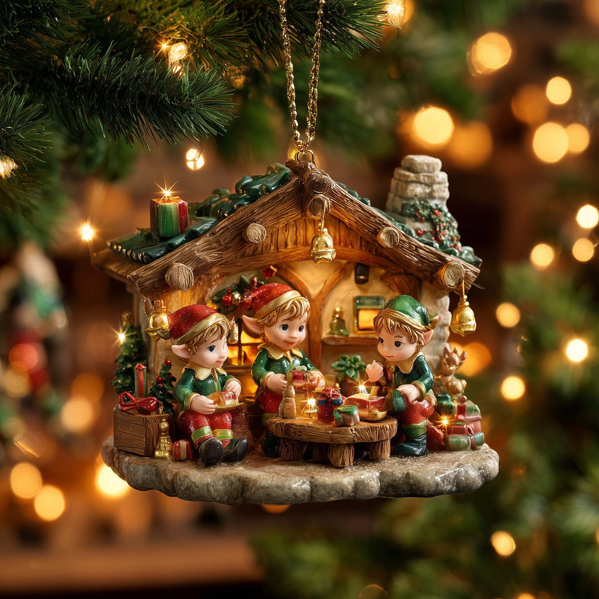 Elf Workshop with Toy Shelves Christmas Ornament