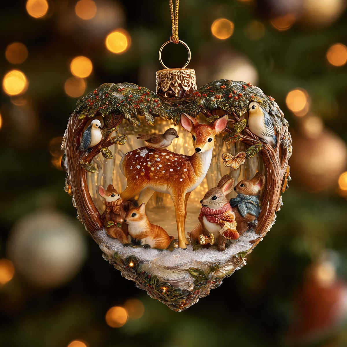 Deer Family in a Heart Wreath Christmas Ornament