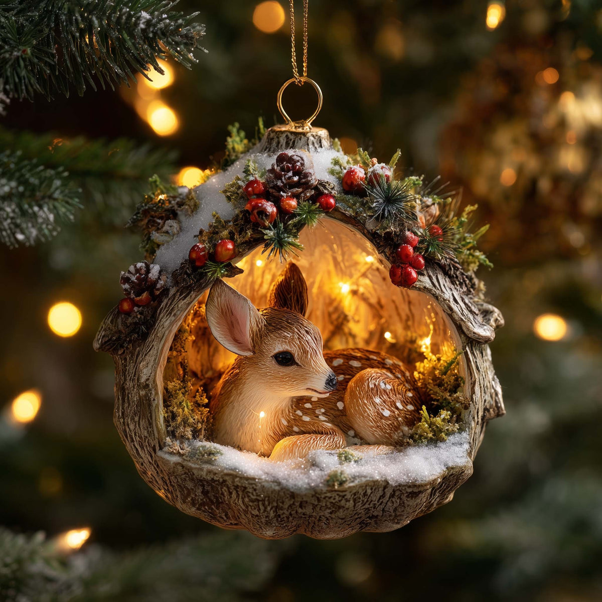 Sleeping Fawn in a Berry Nook Christmas Ornament