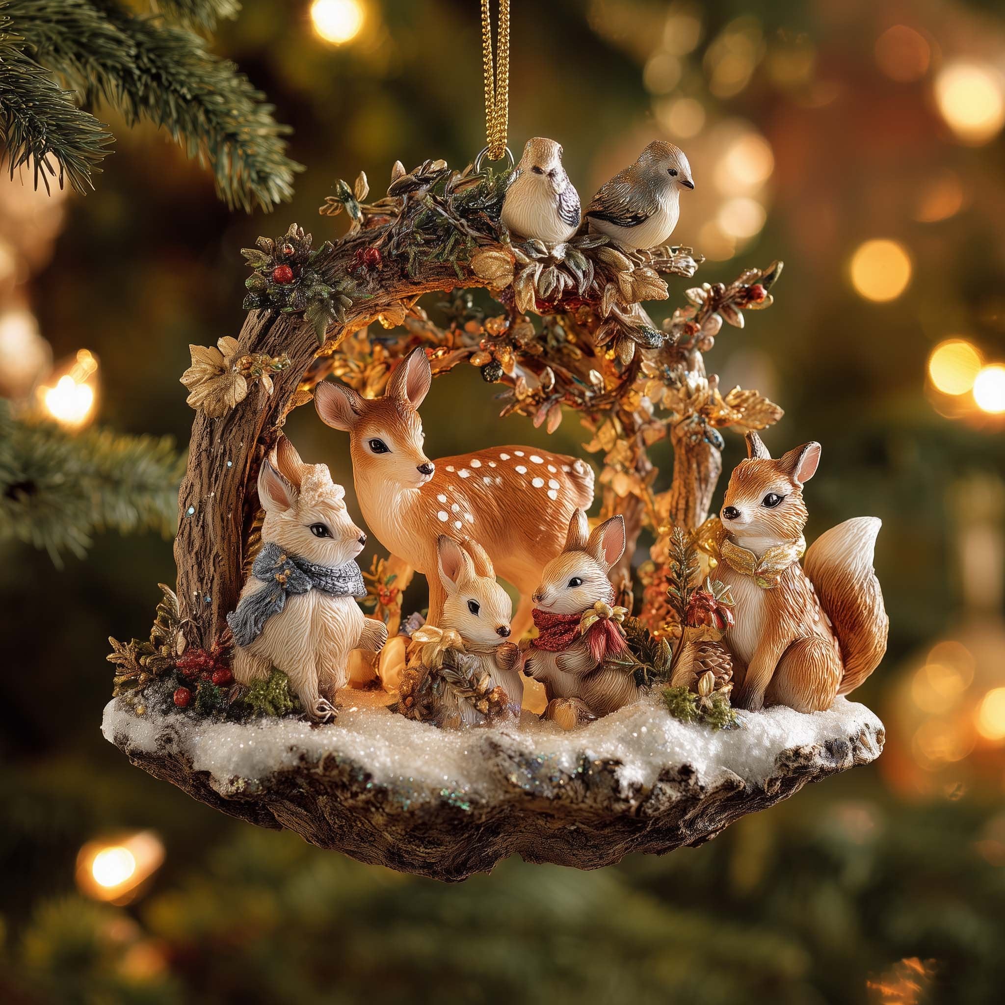 Woodland Friends on a Snowy Log Christmas Ornament
