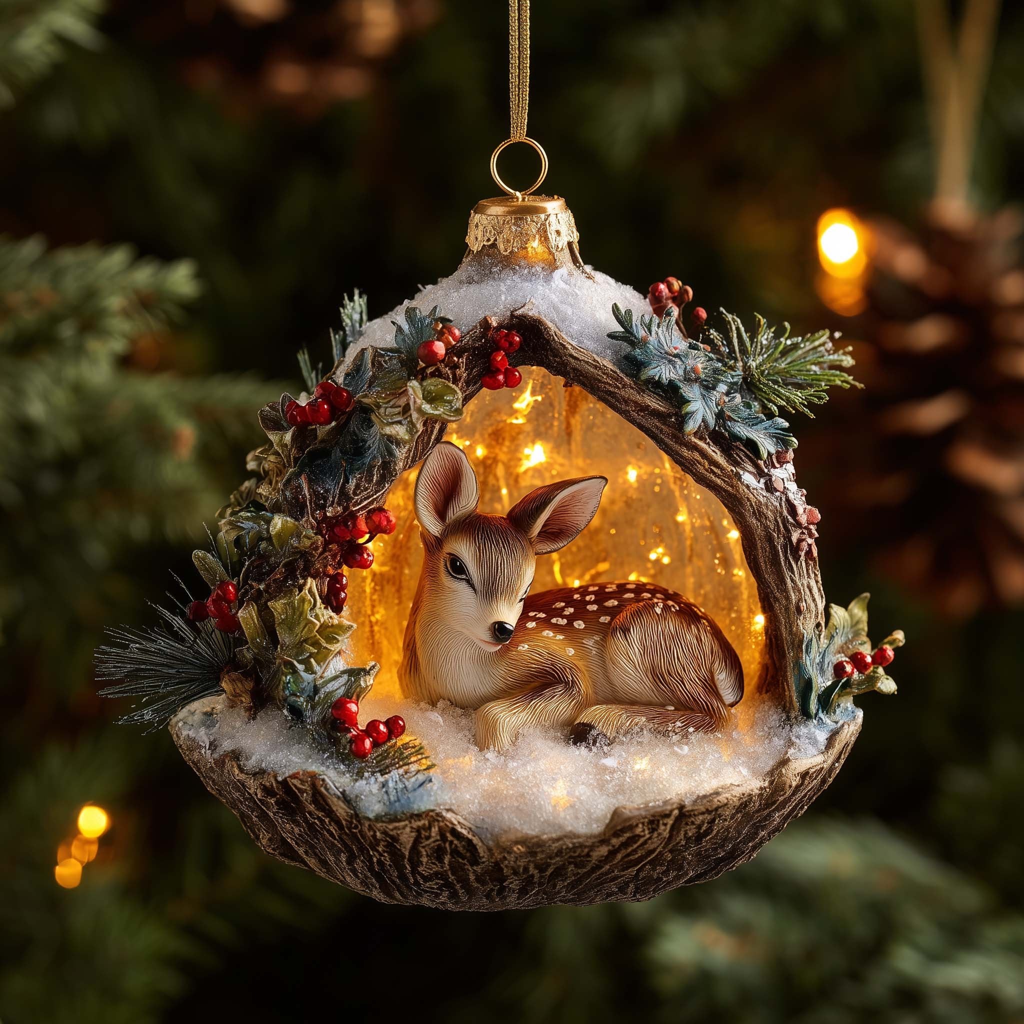 Spotted Fawn in a Lantern Hollow Christmas Ornament