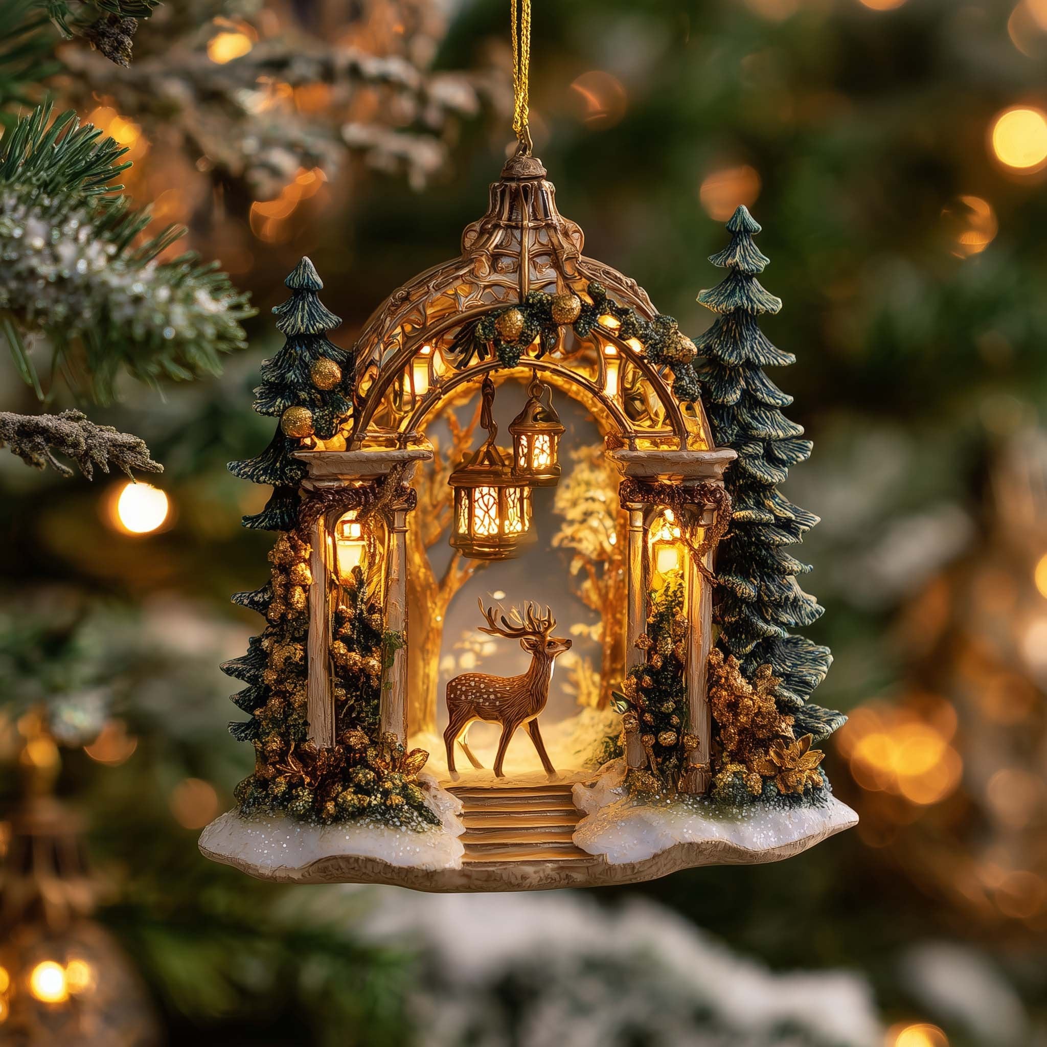 Golden Stag in an Archway Christmas Ornament