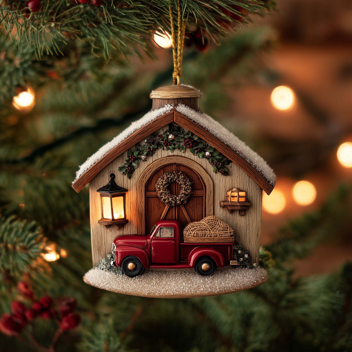 Farmhouse Door with a Red Truck Christmas Ornament