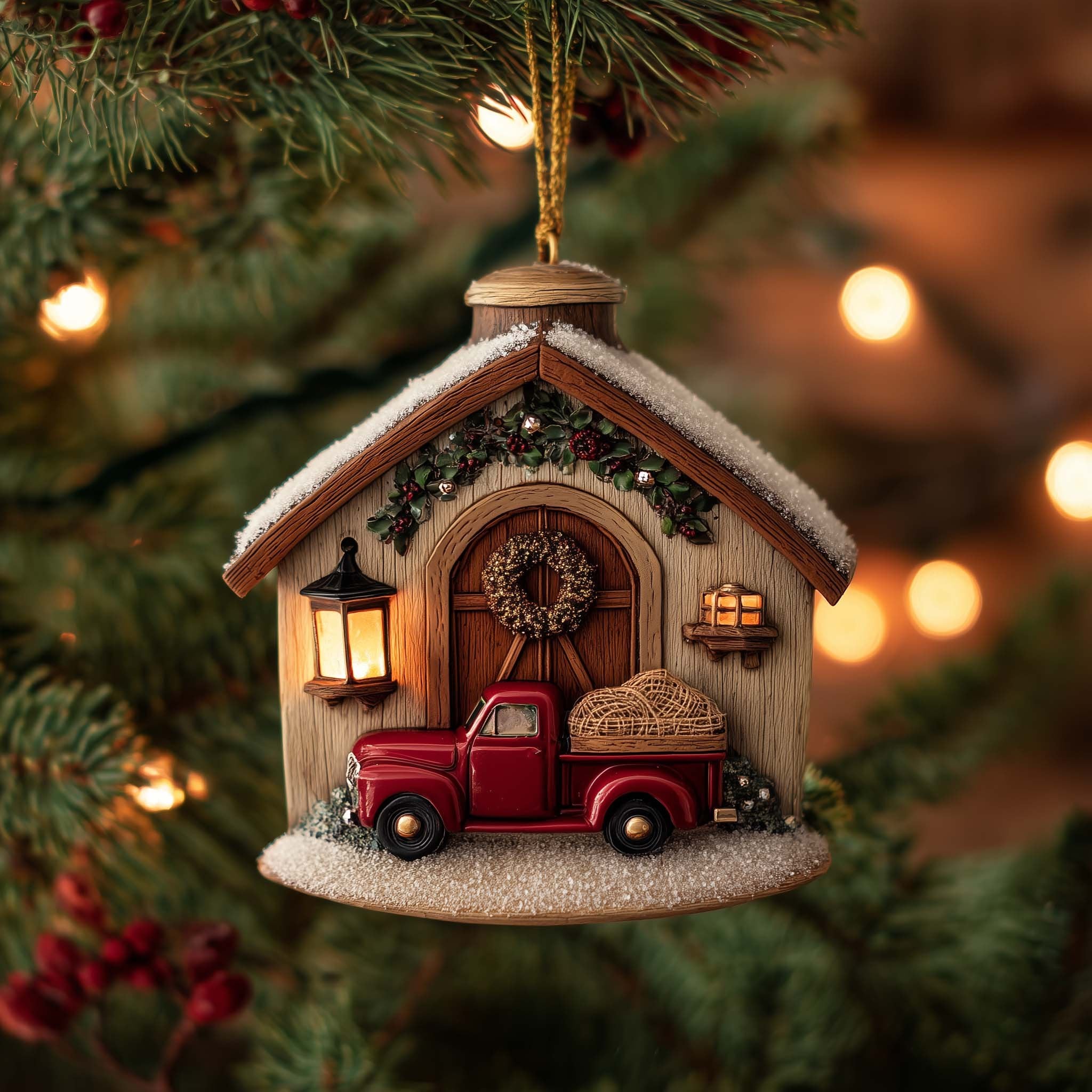 Farmhouse Door with a Red Truck Christmas Ornament