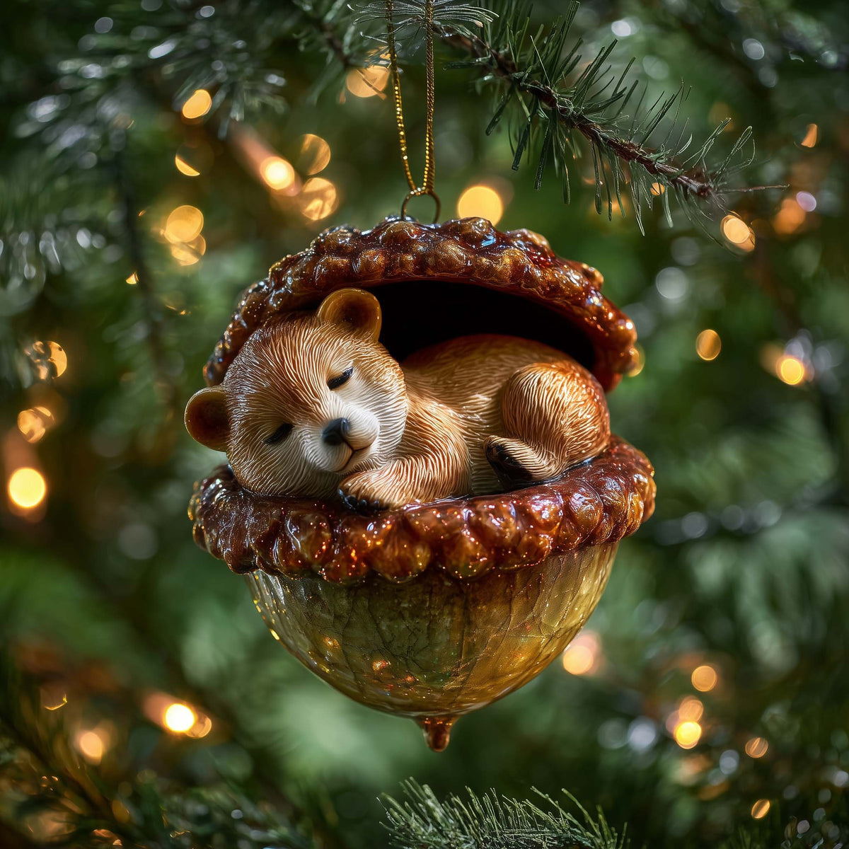 Puppy Asleep in an Acorn Cup Christmas Ornament