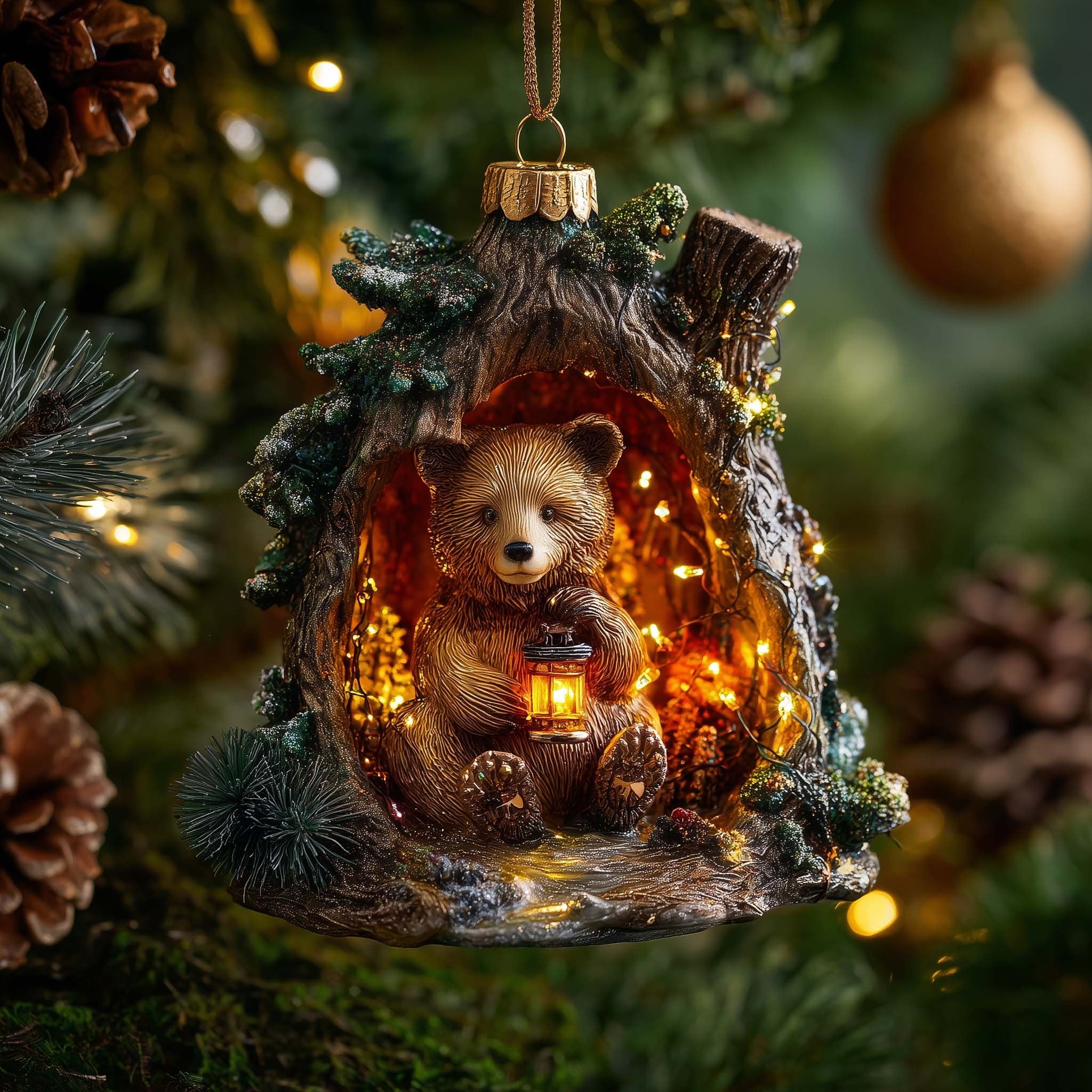 Bear Cub with a Lantern Hollow Christmas Ornament