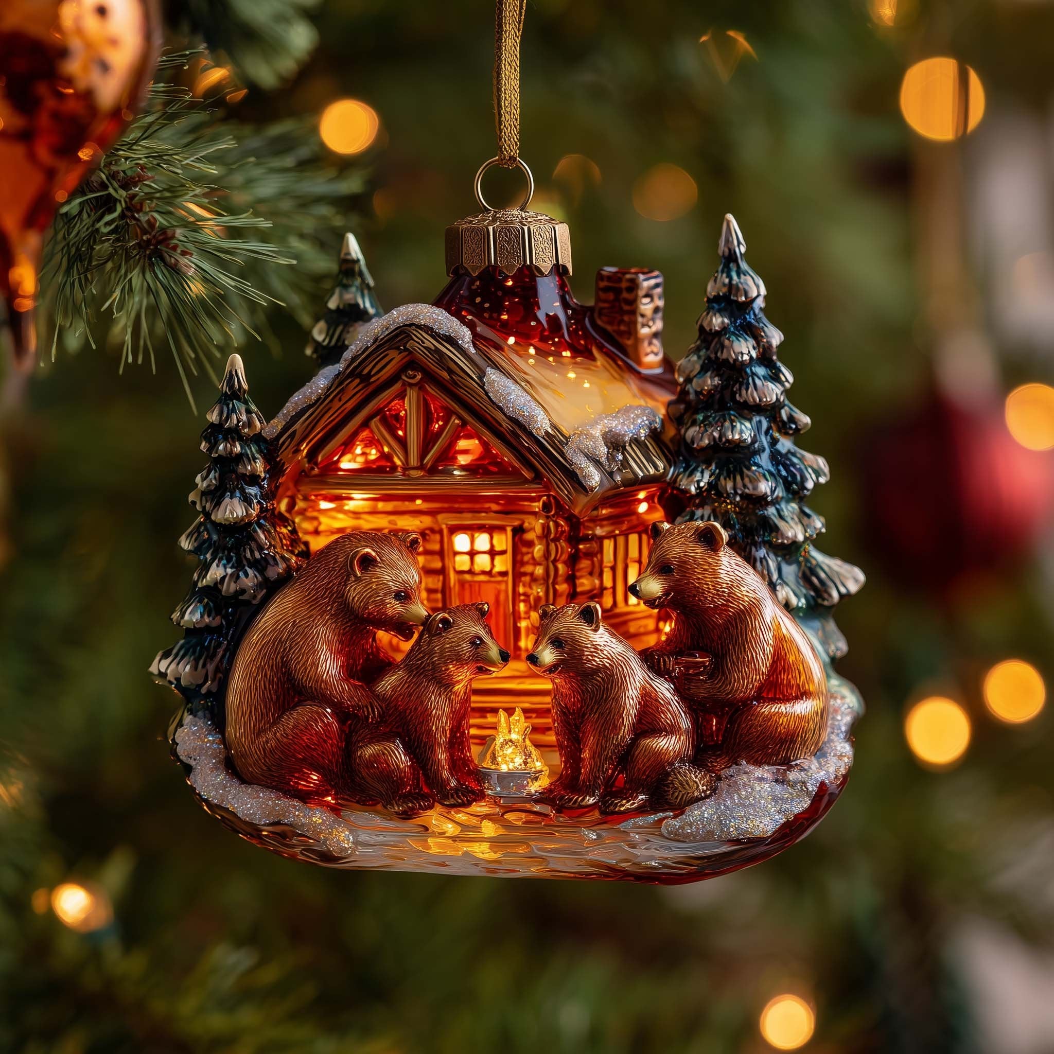 Bear Family at the Log Cabin Christmas Ornament