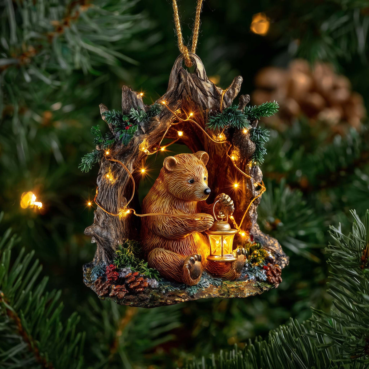 Bear with Fairy Lights Swing Christmas Ornament