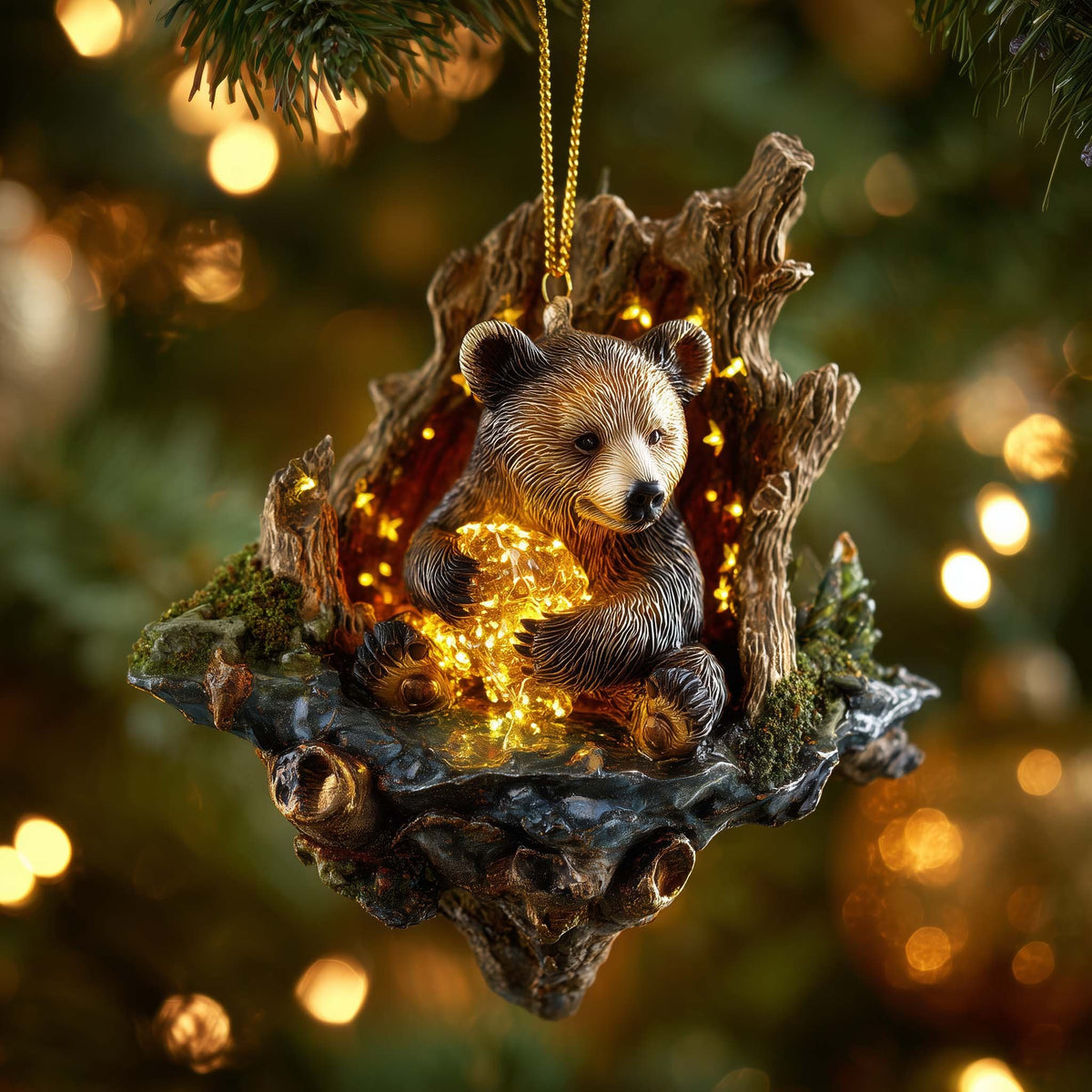 Bear Cub in a Golden Tree Hollow Christmas Ornament