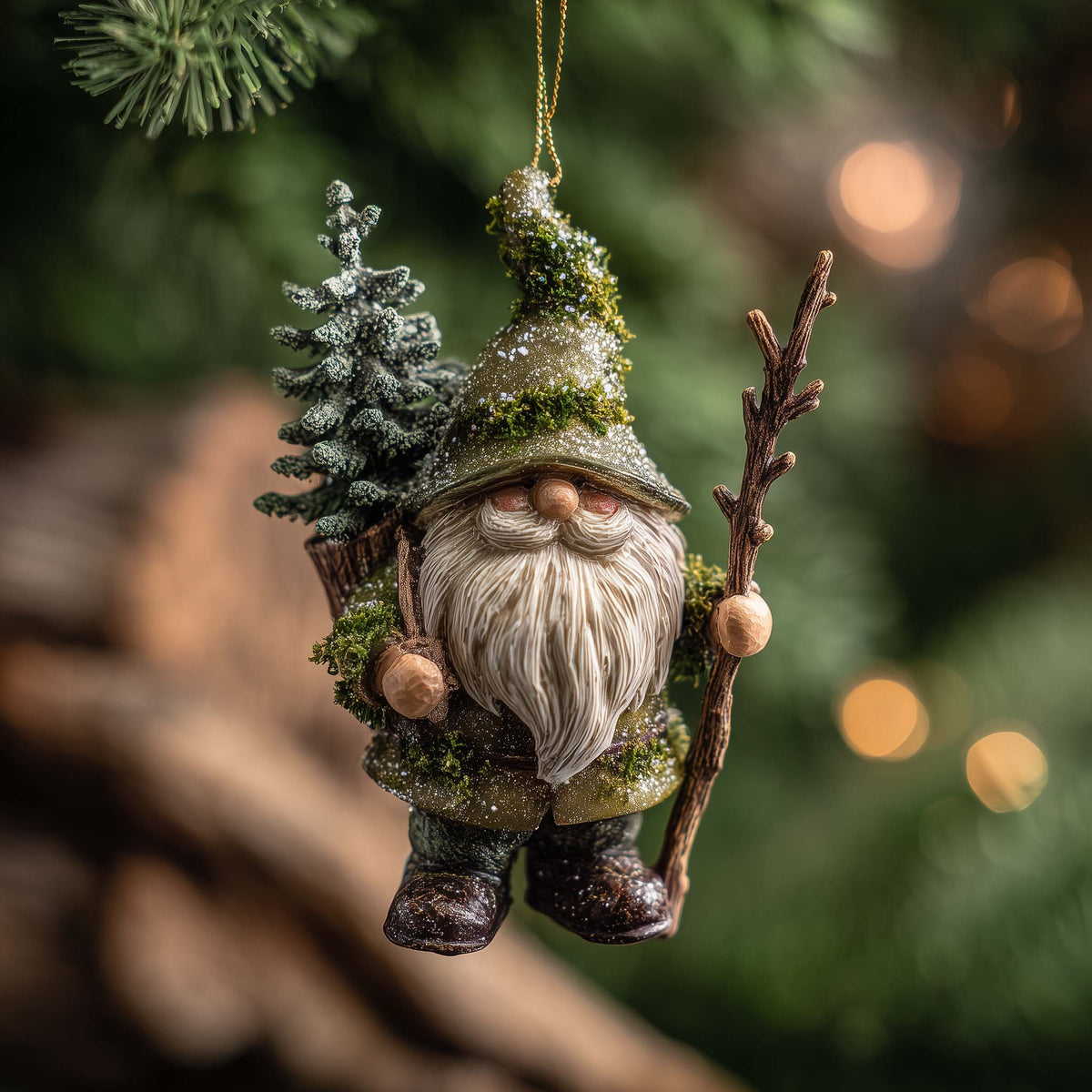 Woodland Gnome with a Pine Hat Christmas Ornament