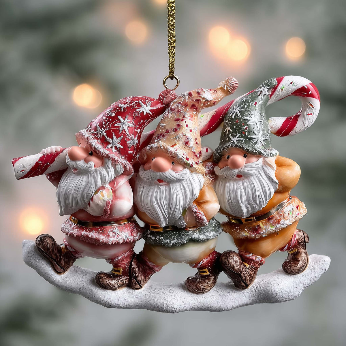 Three Gnomes with a Candy Cane Christmas Ornament