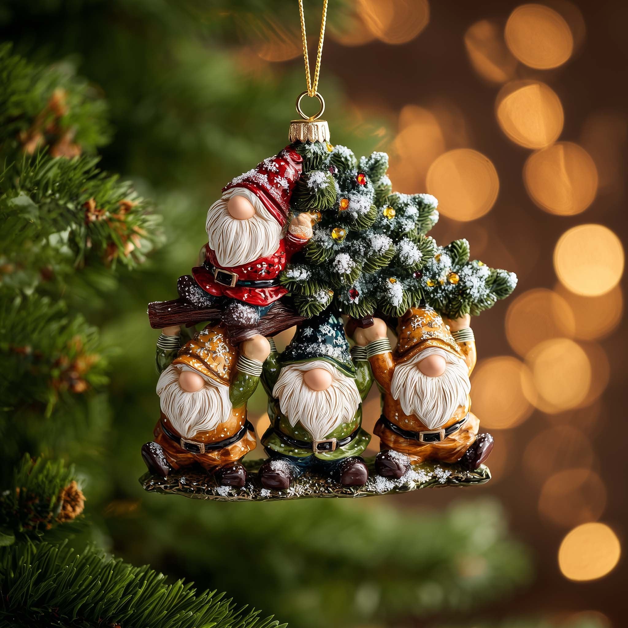 Gnomes Carrying a Christmas Tree Christmas Ornament