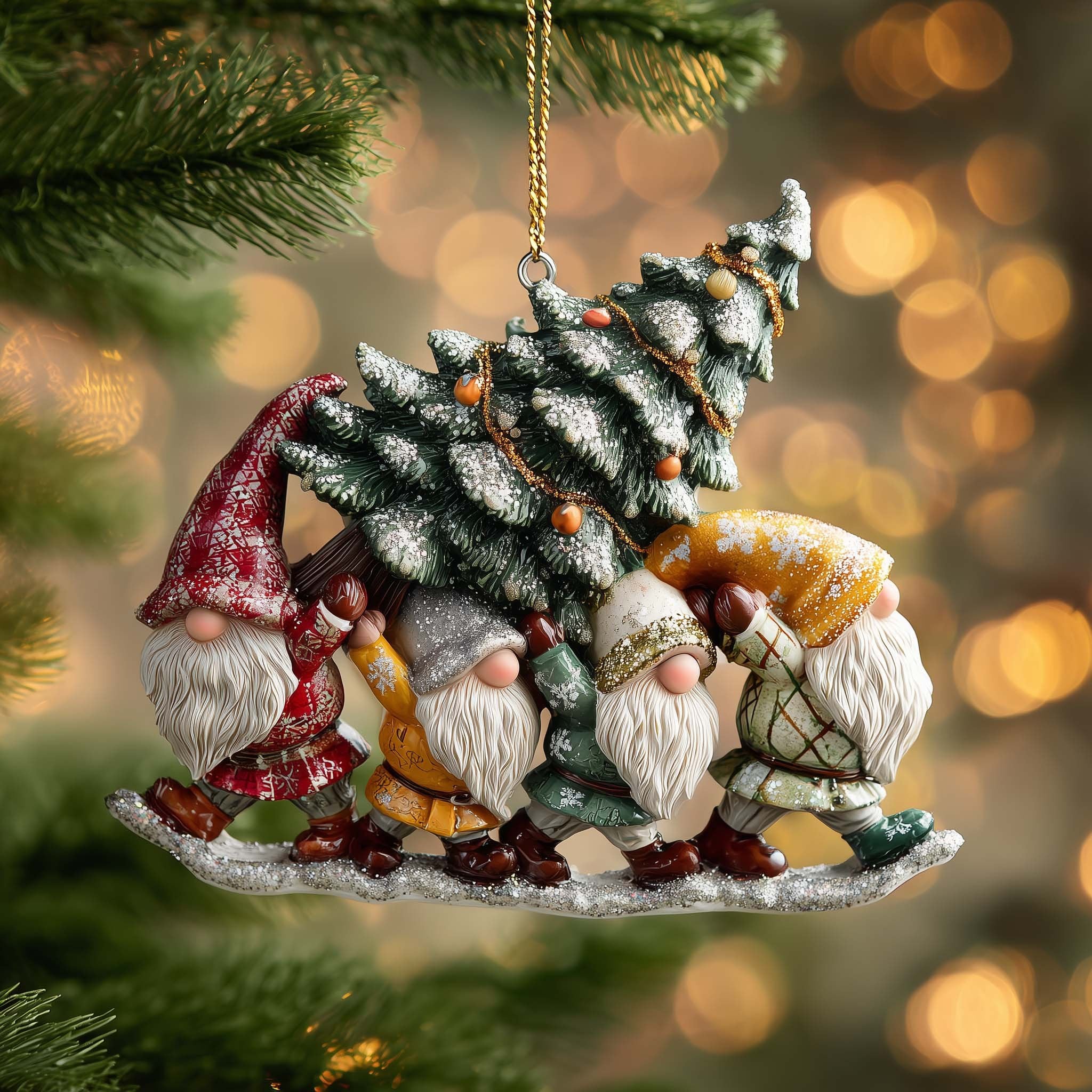 Gnomes Hauling a Christmas Tree Christmas Ornament