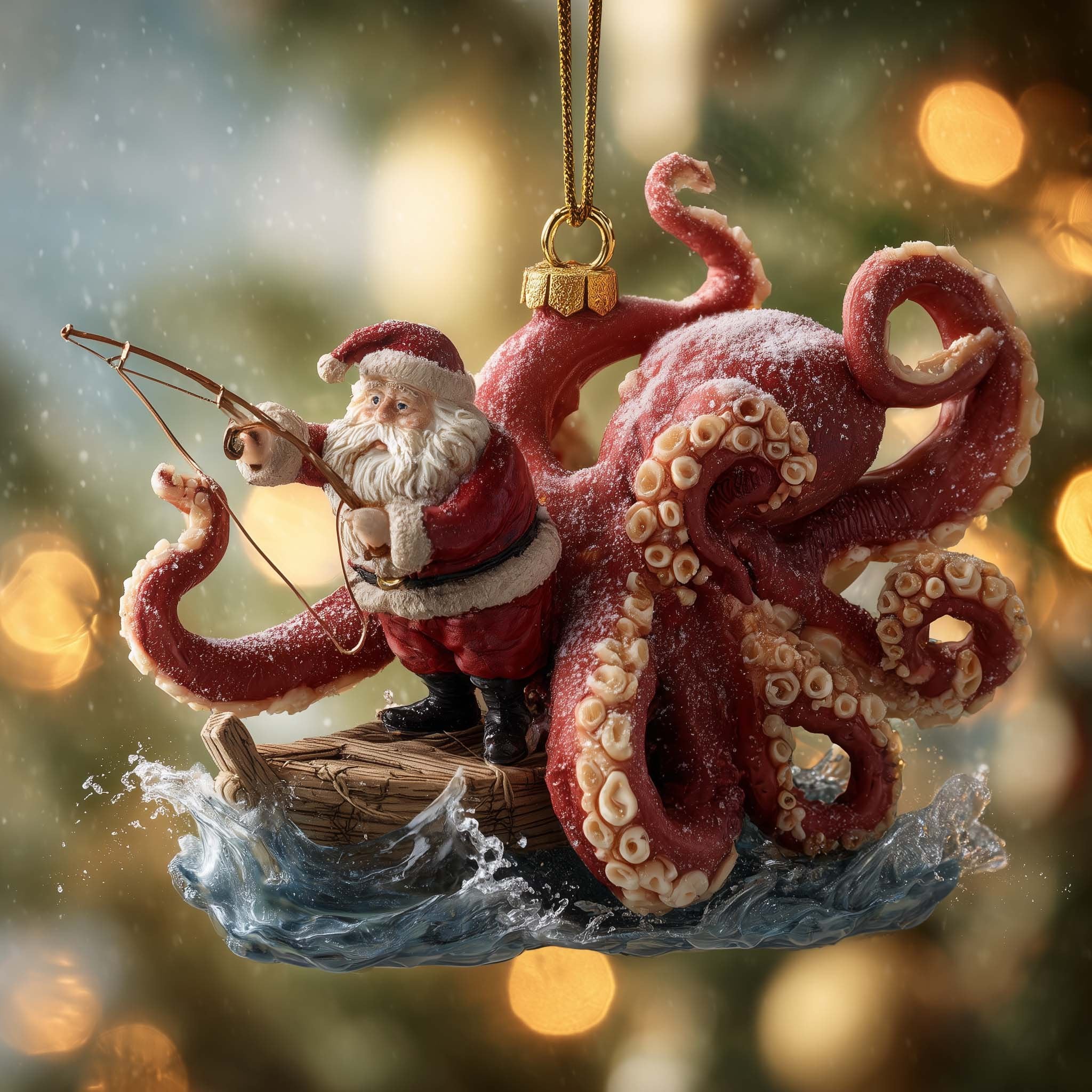 Santa Fishing with a Red Octopus Christmas Ornament