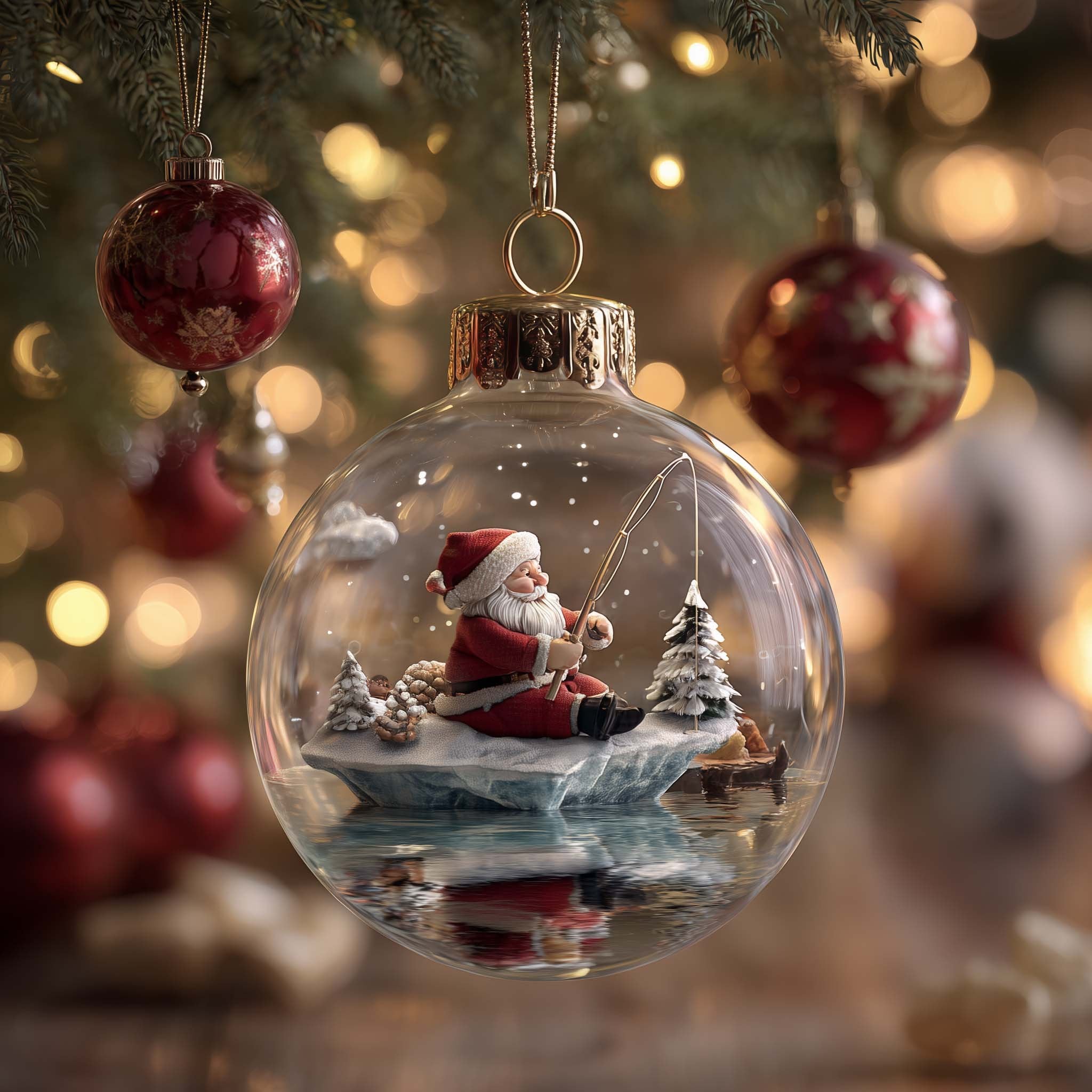 Santa Fishing from a Boat Globe Christmas Ornament