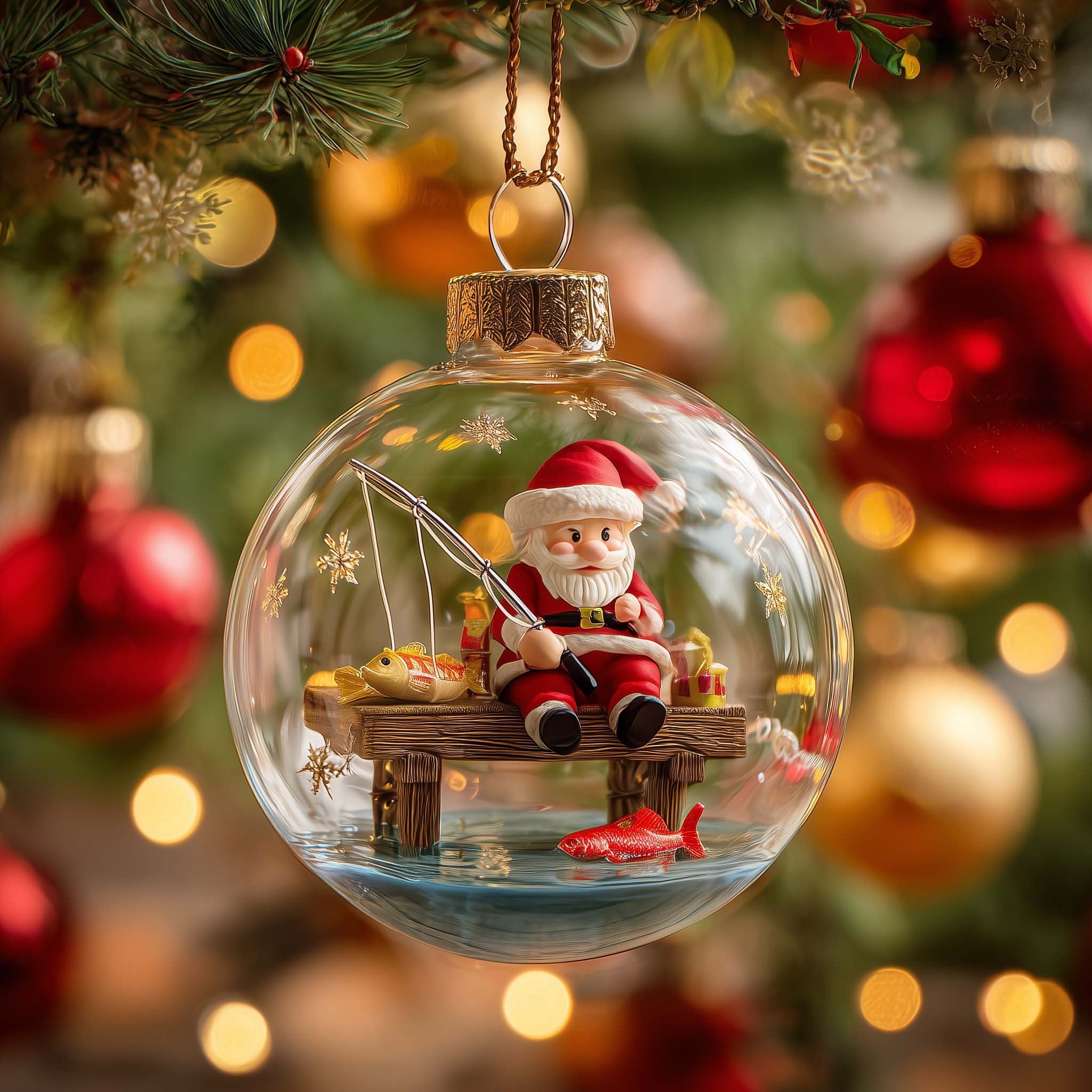 Santa Fishing off the Dock Globe Christmas Ornament