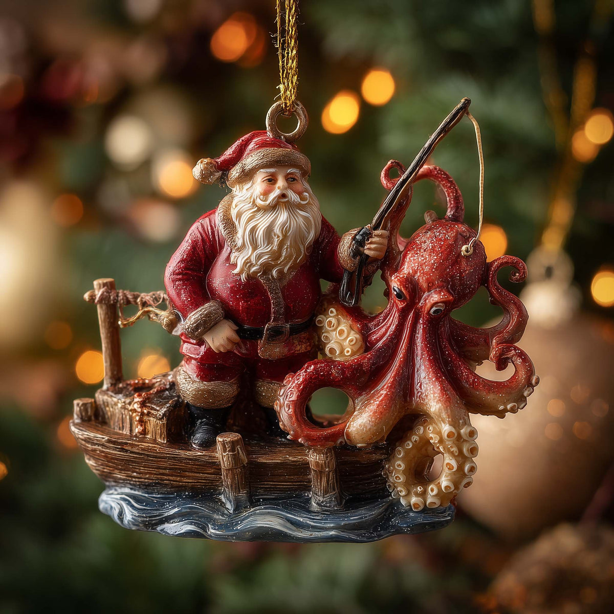 Santa and Octopus in a Rowboat Christmas Ornament
