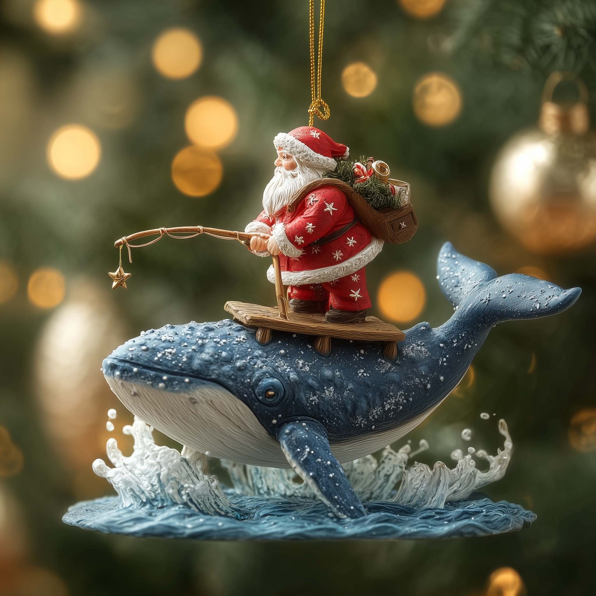 Santa Riding a Blue Whale Christmas Ornament