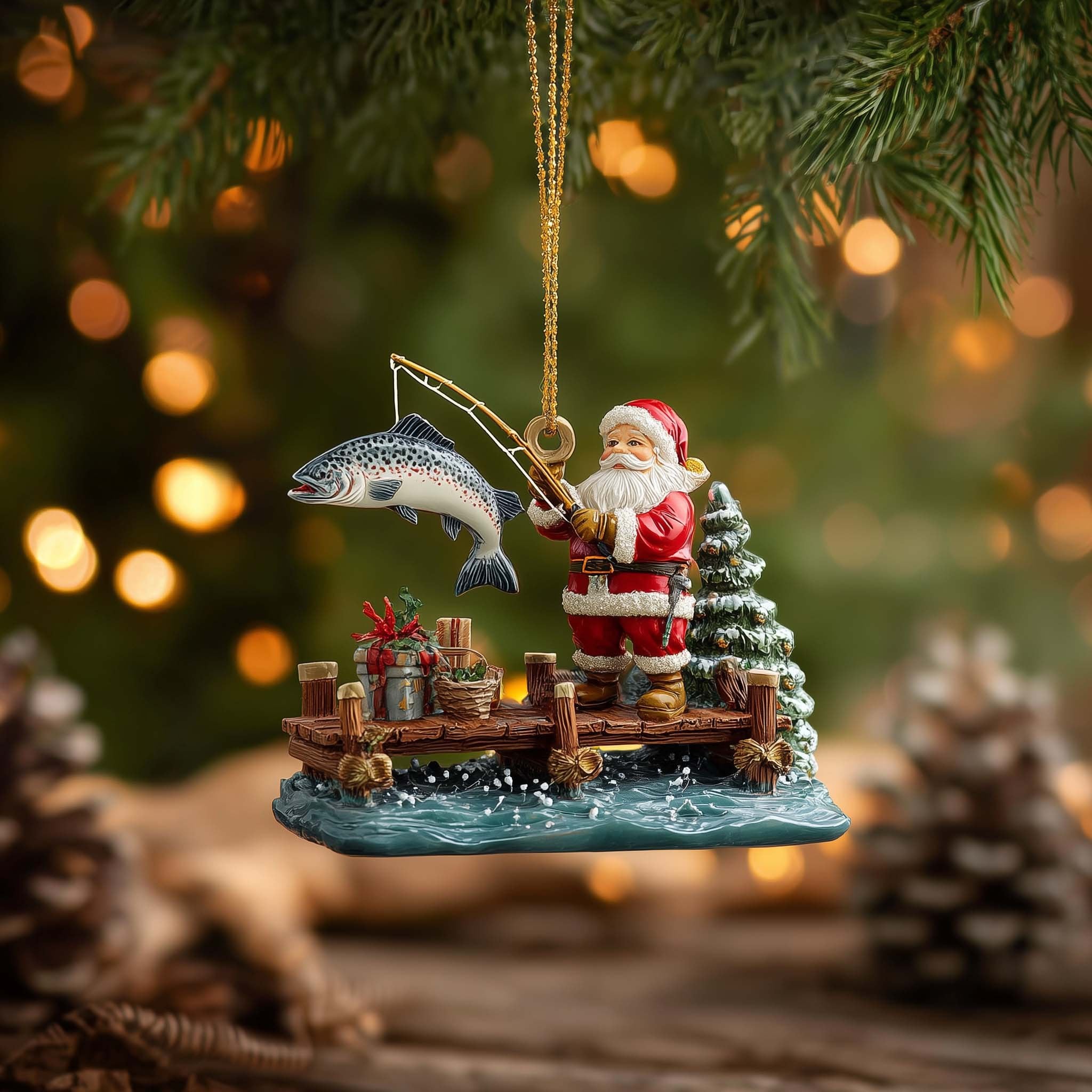 Santa Fishing by the Christmas Tree Christmas Ornament
