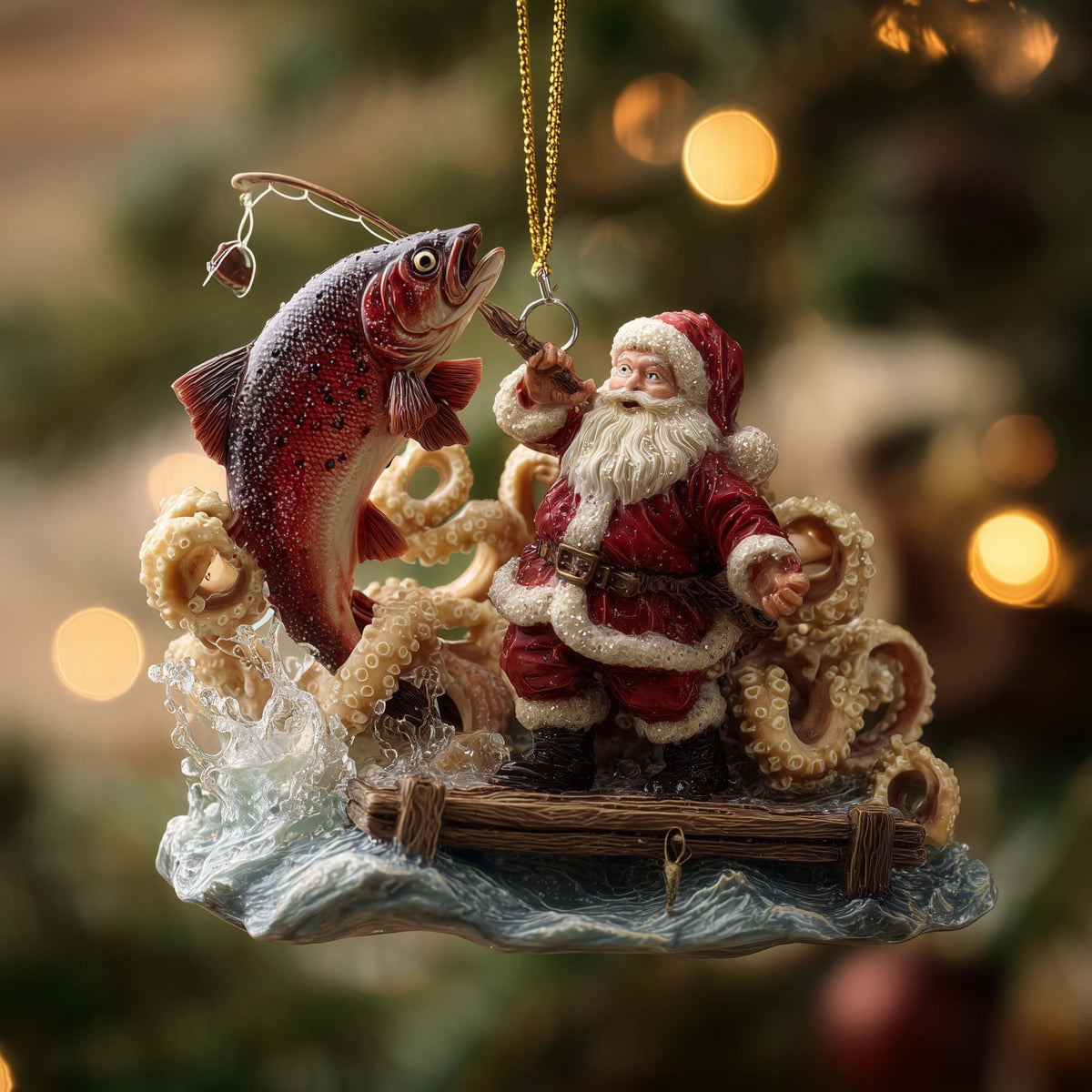 Santa and the Giant Salmon Christmas Ornament