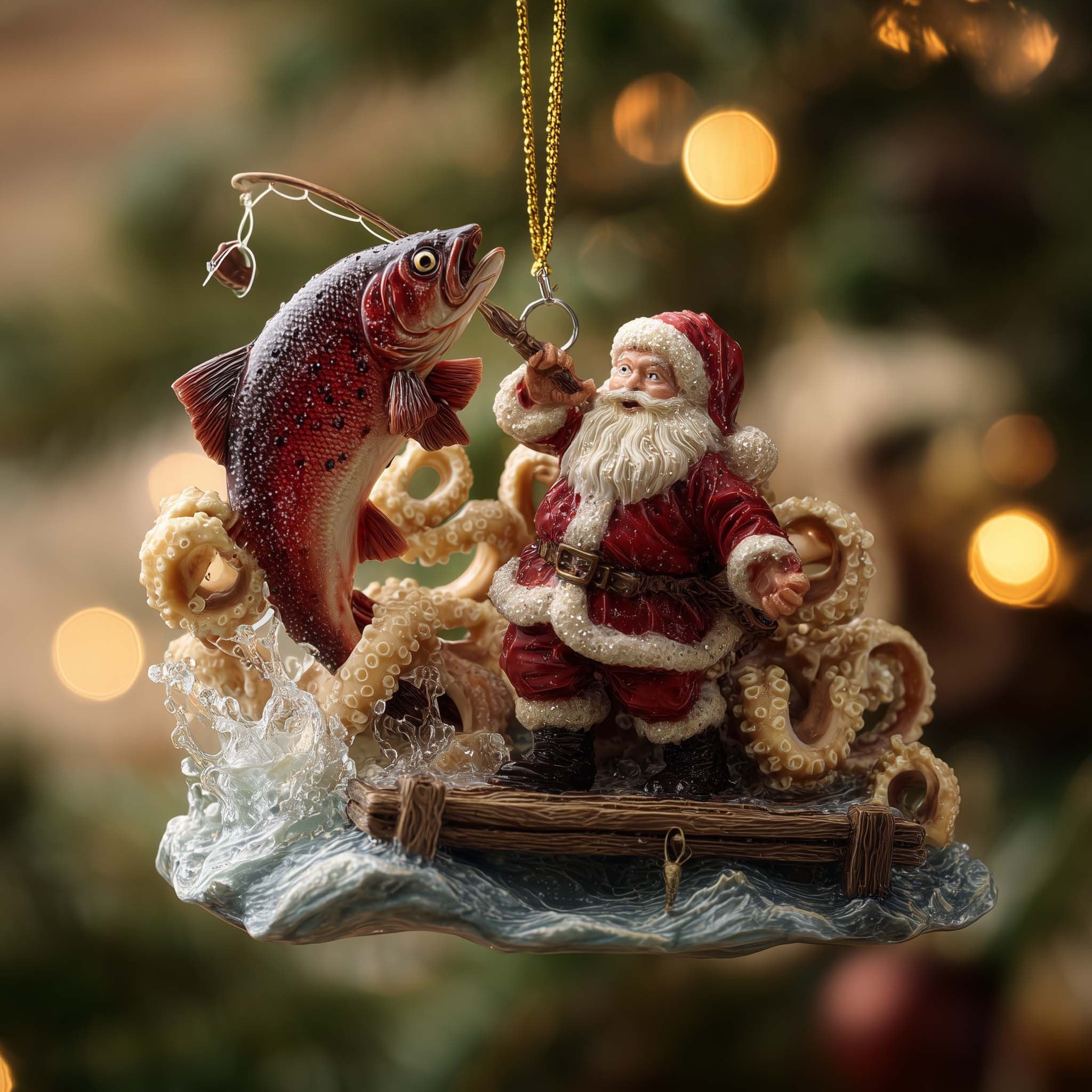 Santa and the Giant Salmon Christmas Ornament