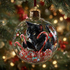 Black Cat with Candy Canes in a Globe Christmas Ornament