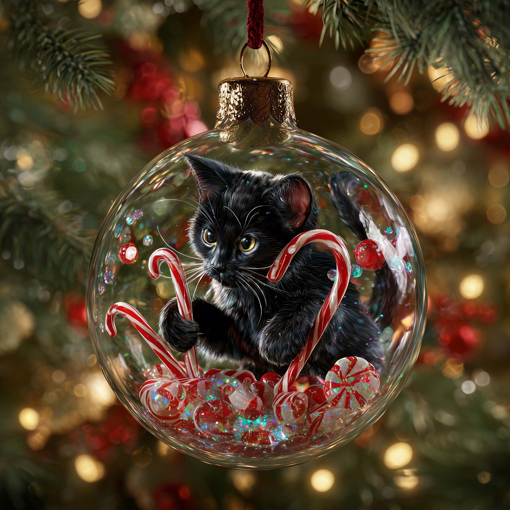 Black Cat with Candy Canes in a Globe Christmas Ornament