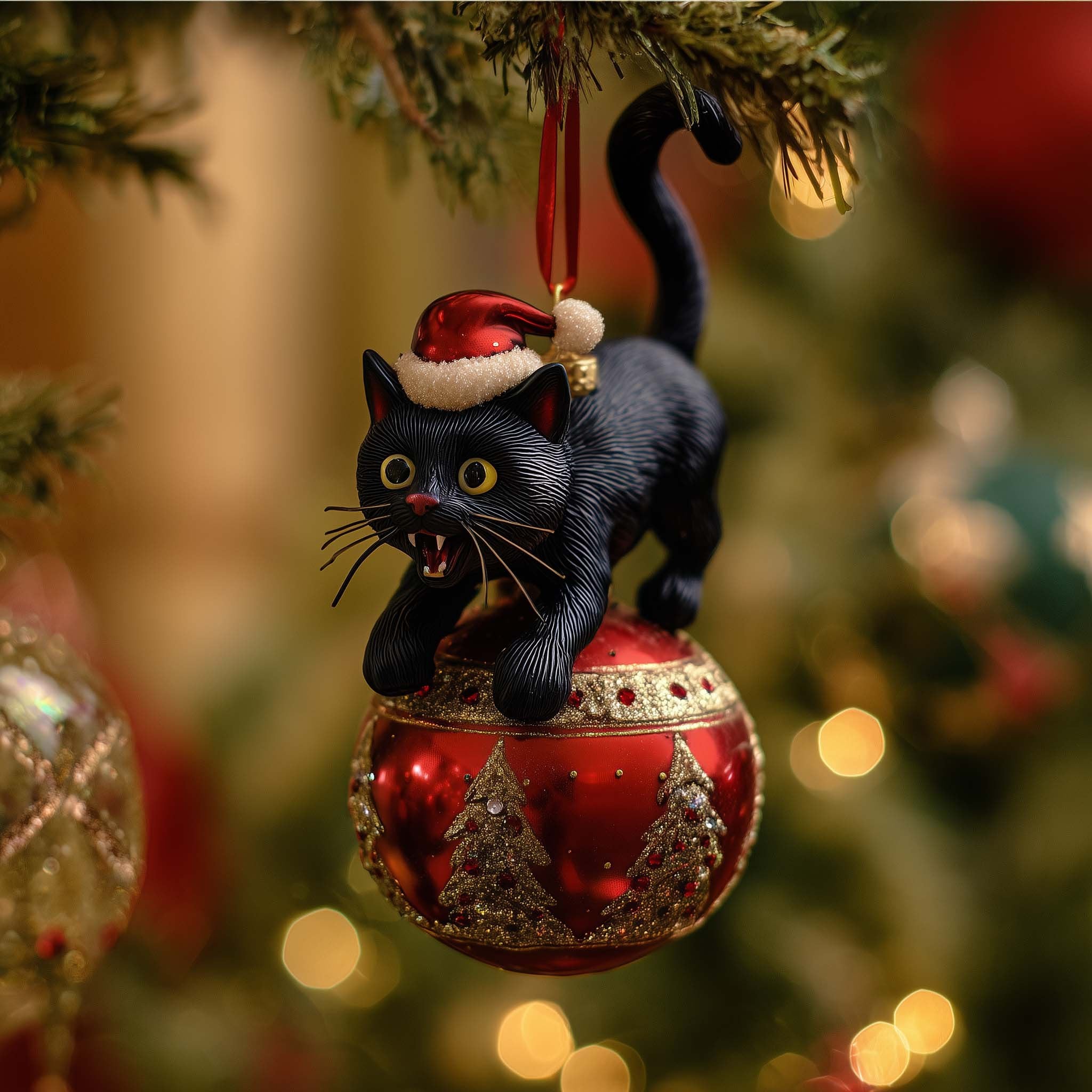Santa Hat Cat on a Red Bauble Christmas Ornament