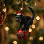 Black Cat Climbing a Red Bauble Christmas Ornament