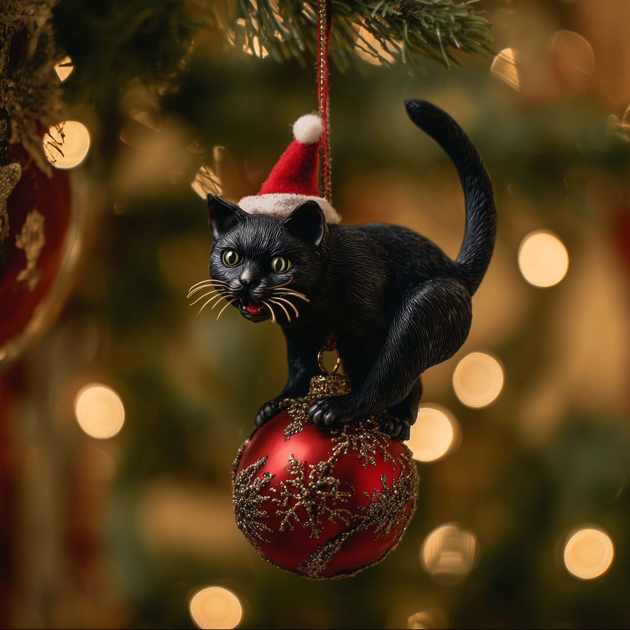 Black Cat Climbing a Red Bauble Christmas Ornament