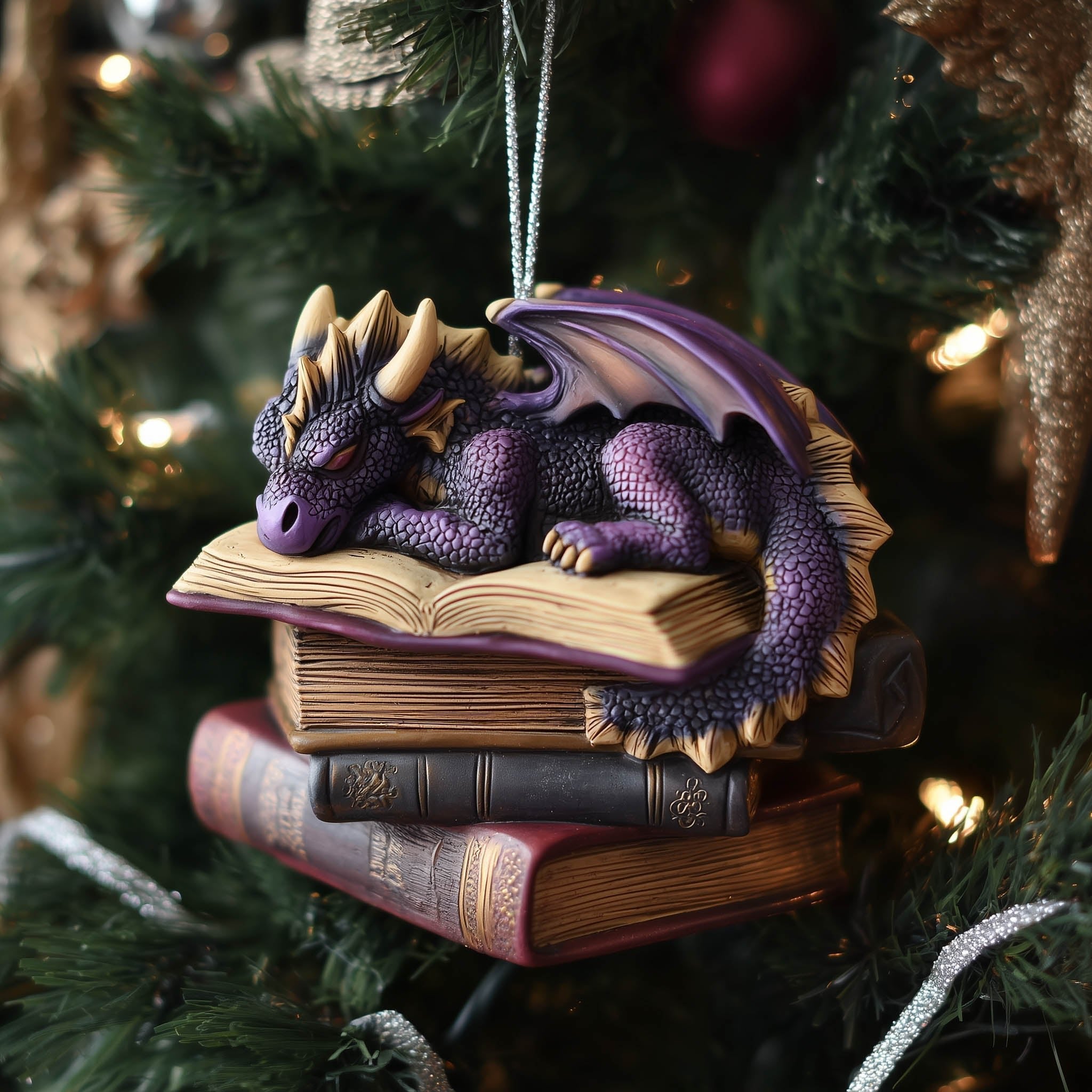 Purple Dragon on an Open Book Christmas Ornament
