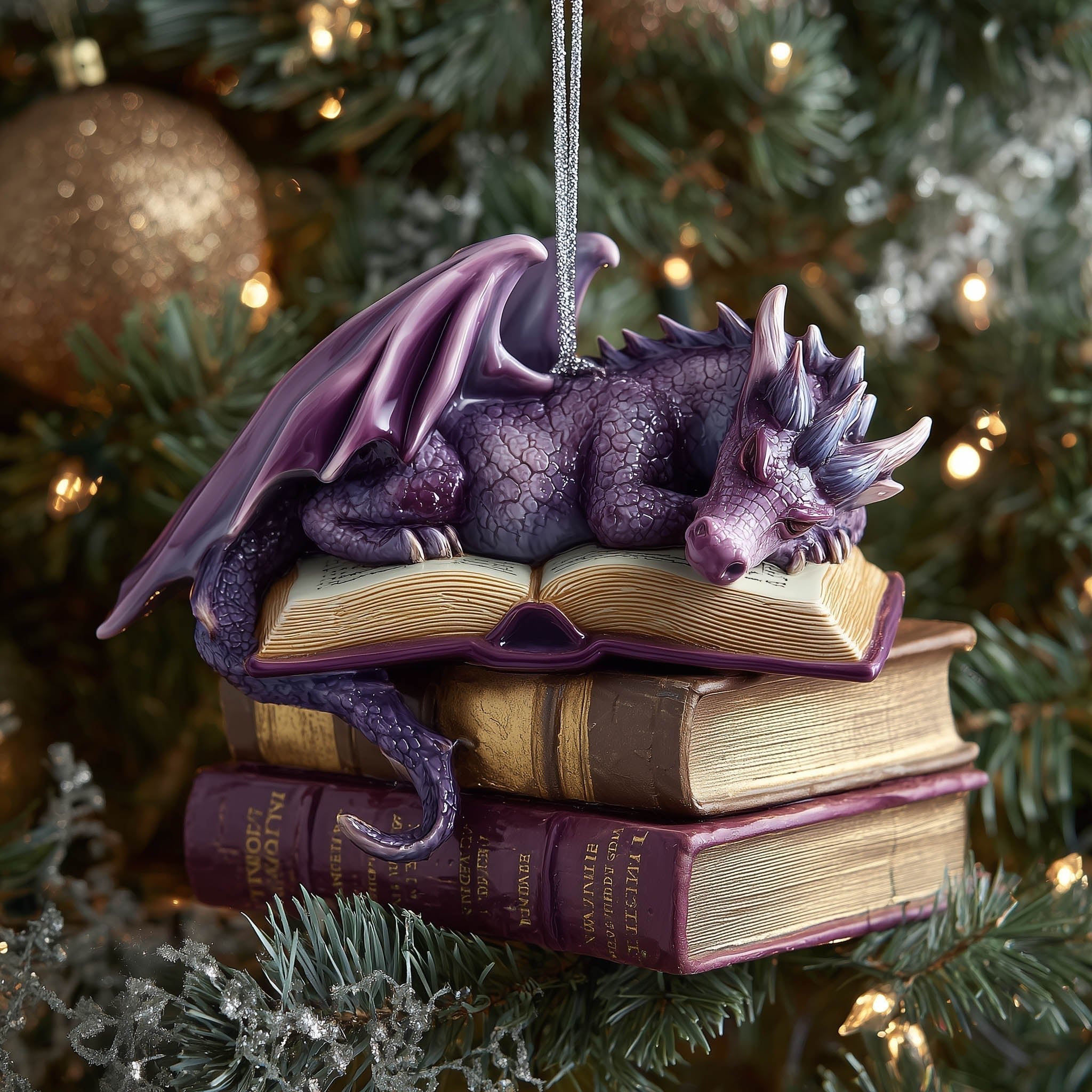 Dragon Asleep on a Book Stack Christmas Ornament