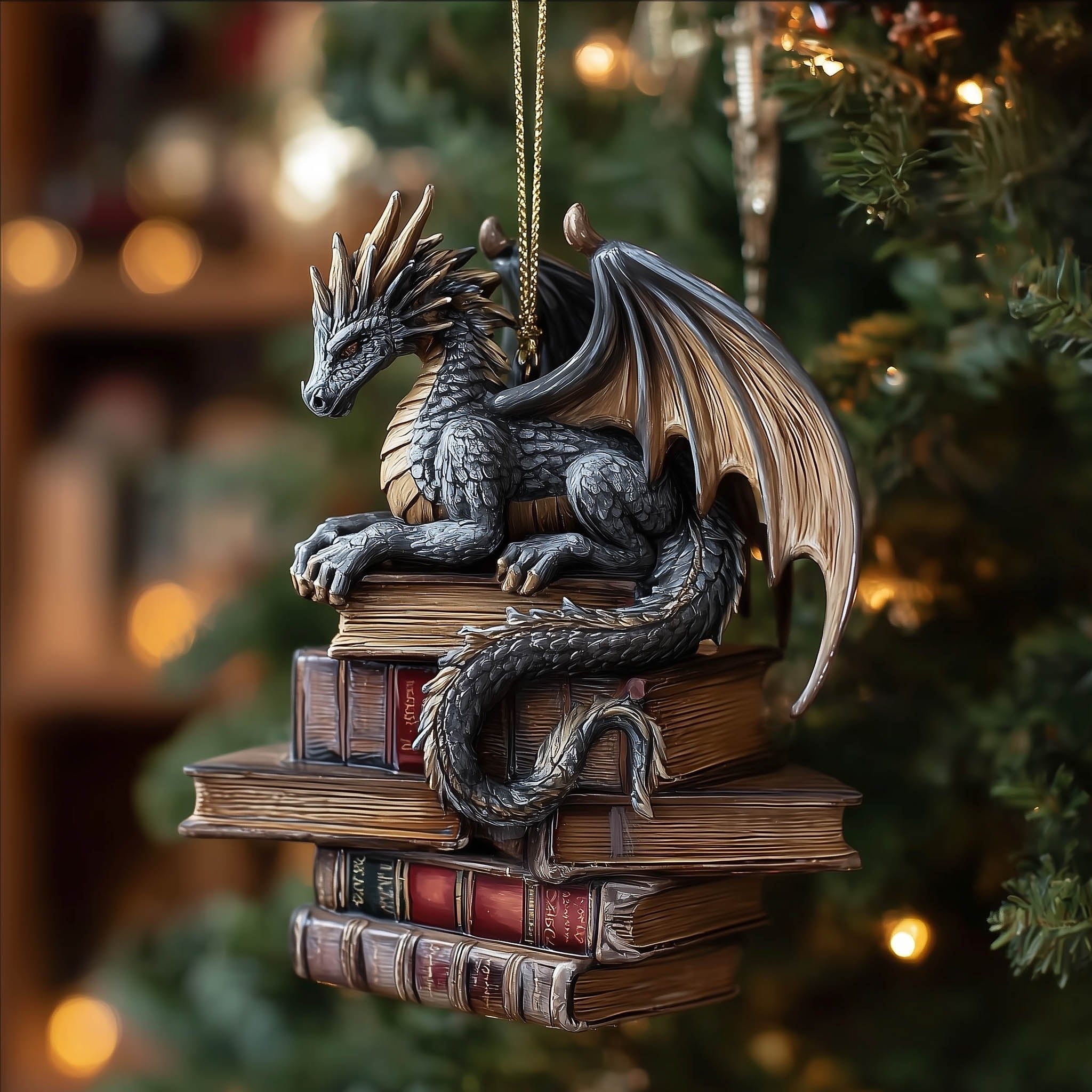 Silver Dragon Guarding the Library Christmas Ornament