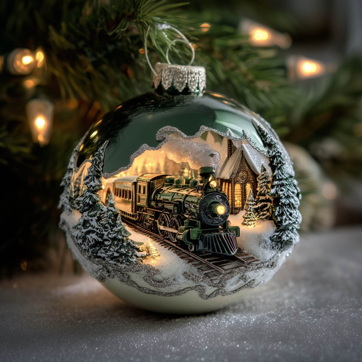Green Locomotive Village Bauble Christmas Ornament