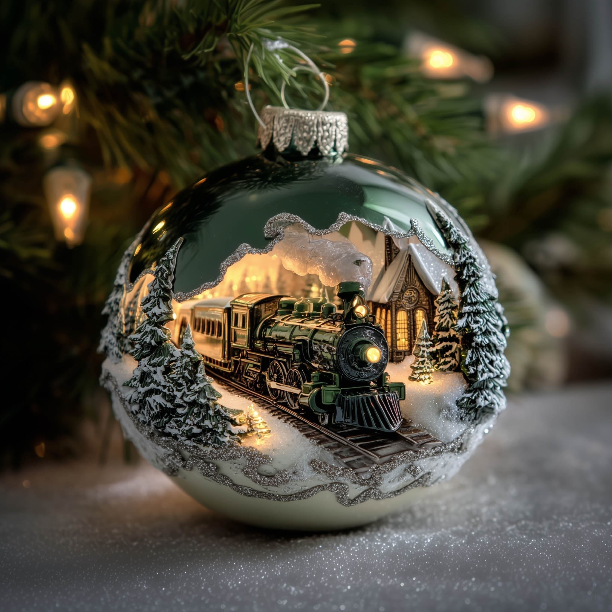 Green Locomotive Village Bauble Christmas Ornament