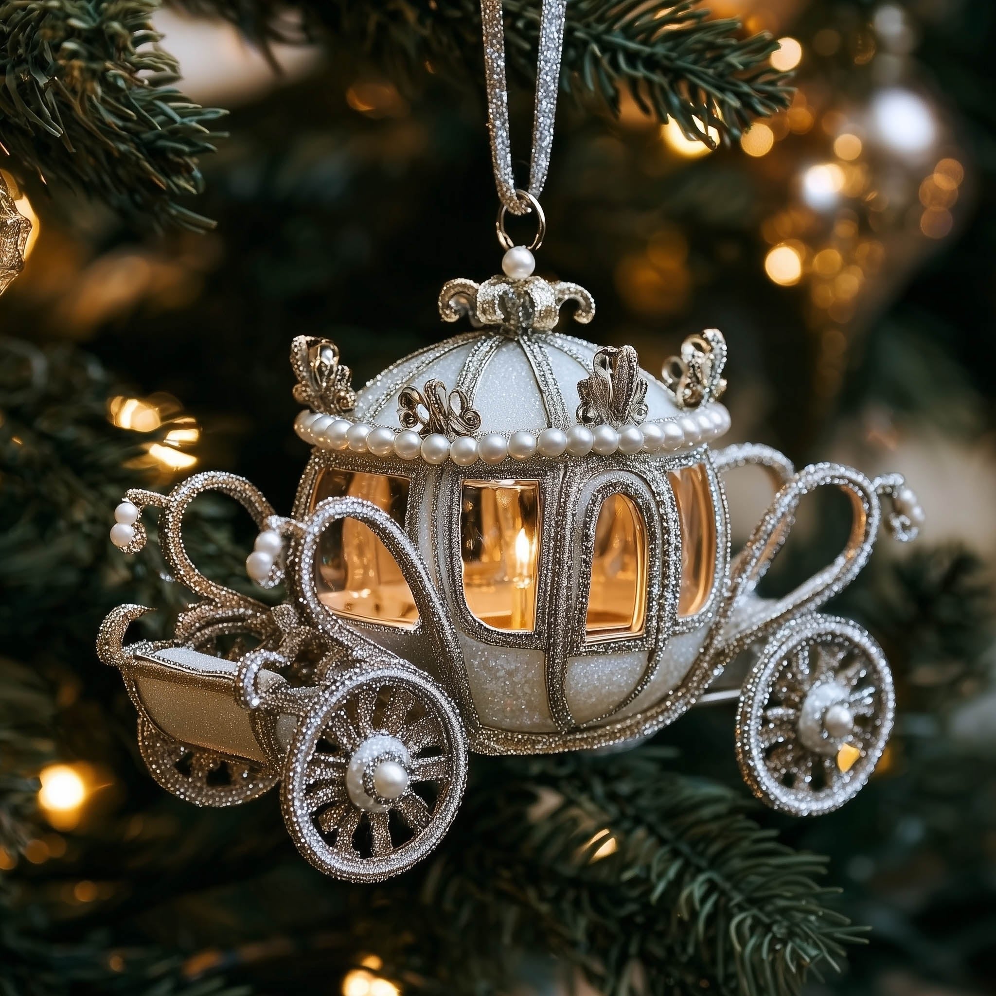 Pearl White Princess Carriage Christmas Ornament