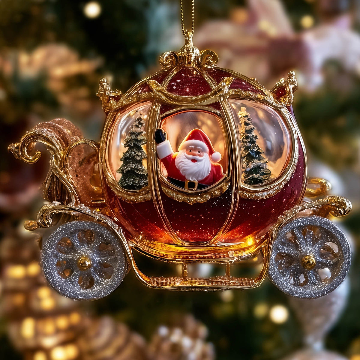 Santa in a Golden Pumpkin Coach Christmas Ornament