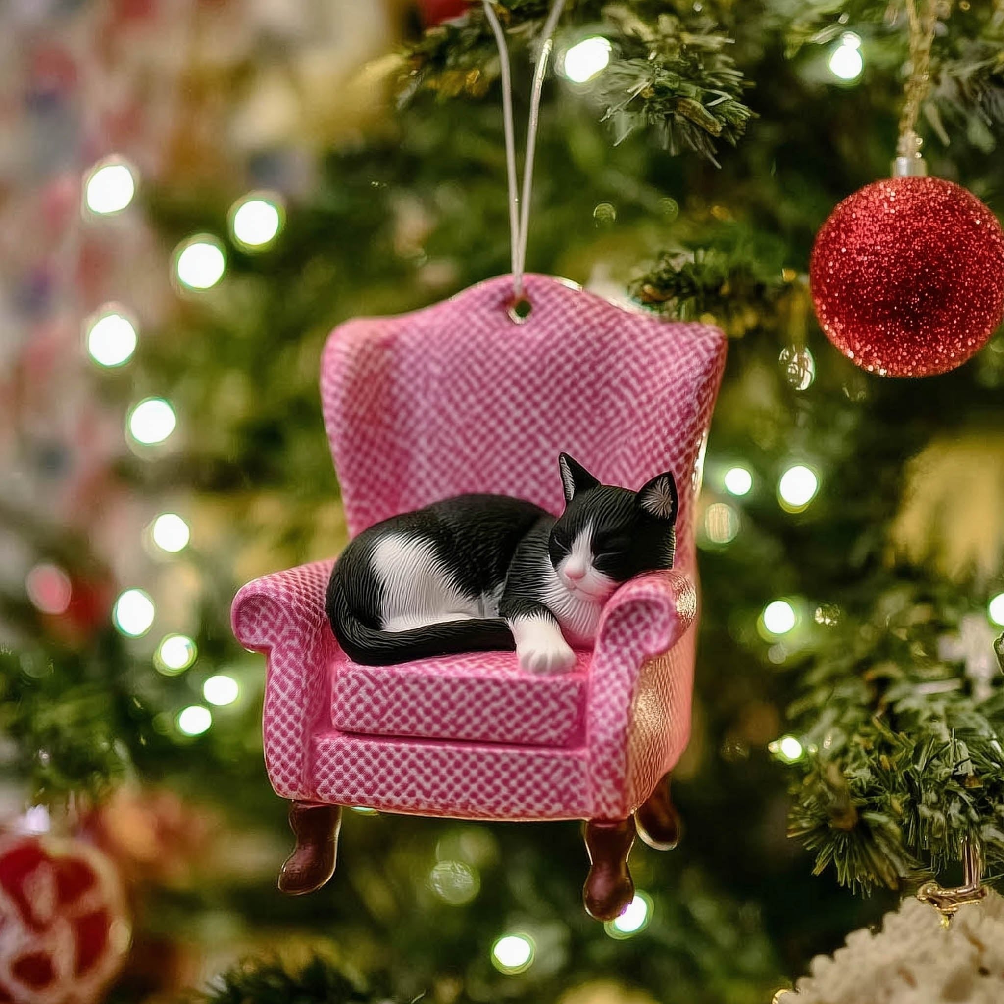 Tuxedo Cat on a Pink Armchair Christmas Ornament