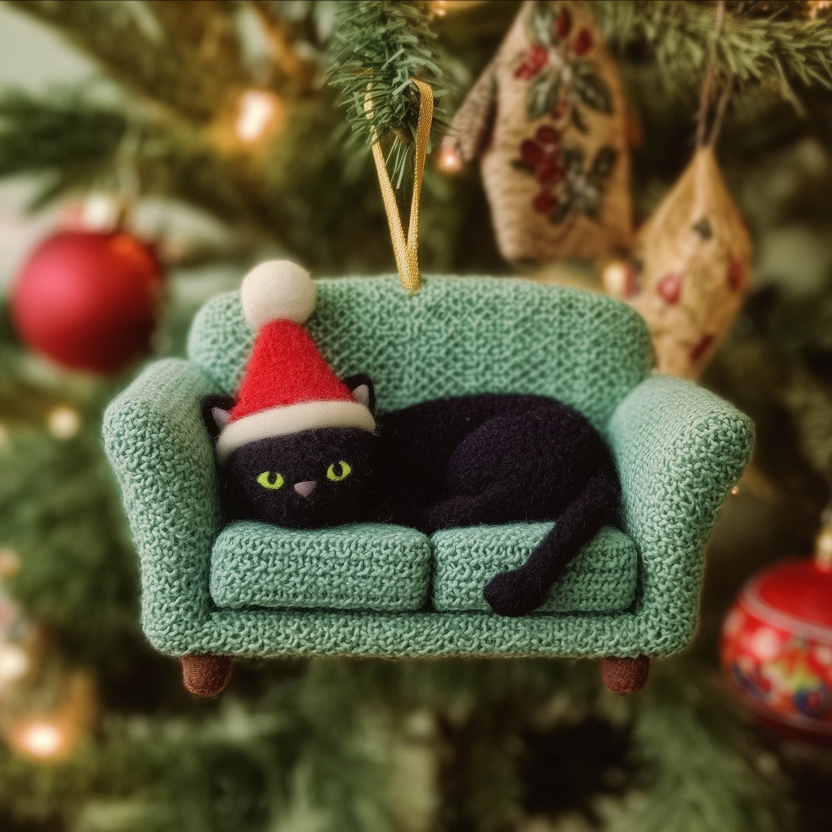 Santa Hat Cat on a Green Sofa Christmas Ornament