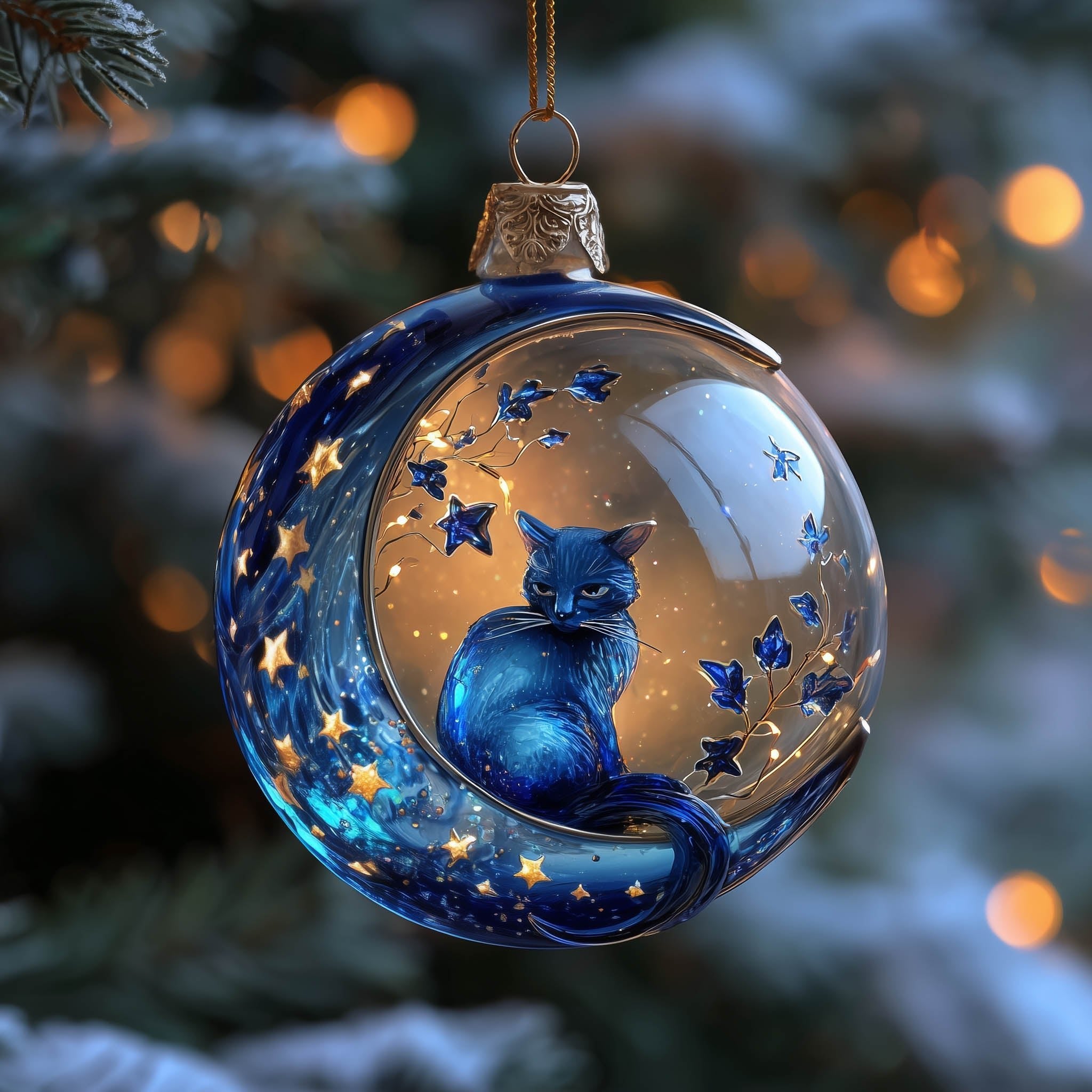Blue Cat on a Starry Moon Globe Christmas Ornament