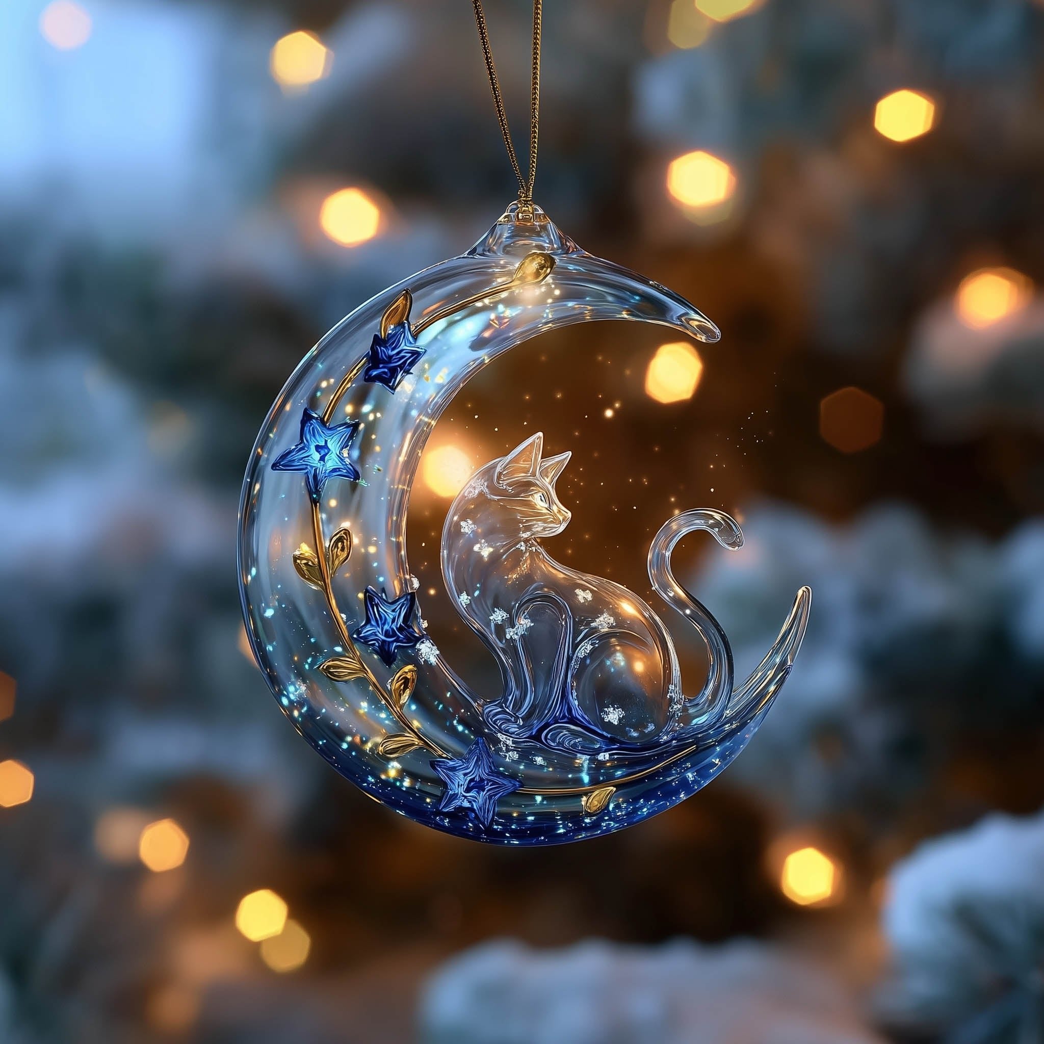 Glass Cat on a Crescent Moon Christmas Ornament