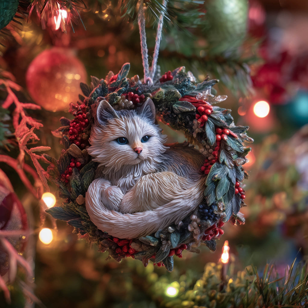 Grey Kitten in a Holly Wreath Christmas Ornament