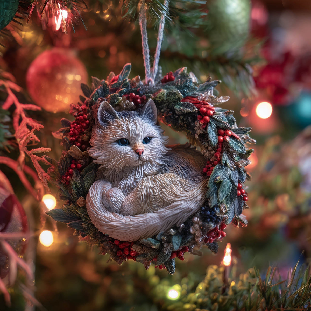 Grey Kitten in a Holly Wreath Christmas Ornament