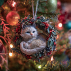 Grey Kitten in a Holly Wreath Christmas Ornament