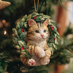 Ginger Kitten in a Wreath Christmas Ornament