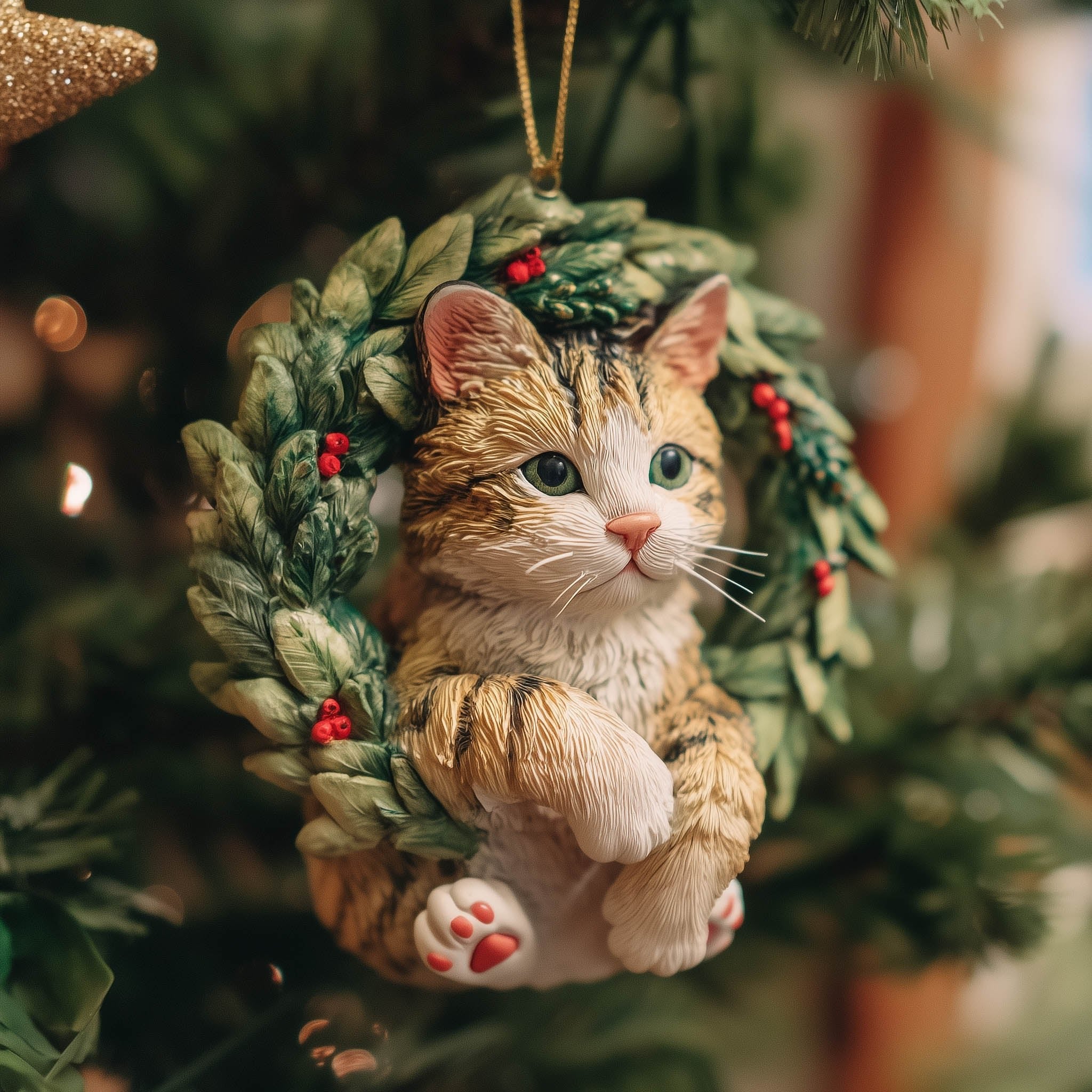 Ginger Kitten in a Wreath Christmas Ornament