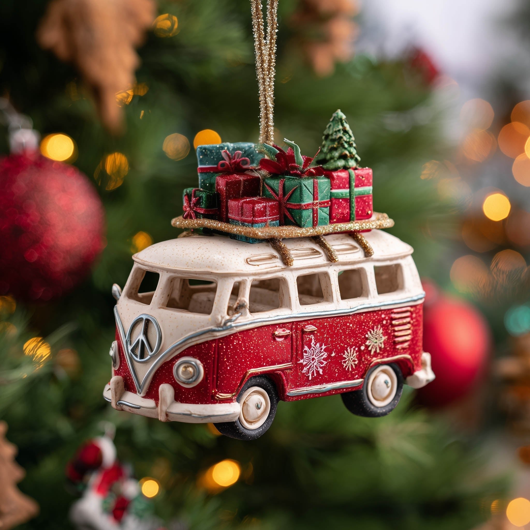 Red Camper Van with Rooftop Gifts Christmas Ornament