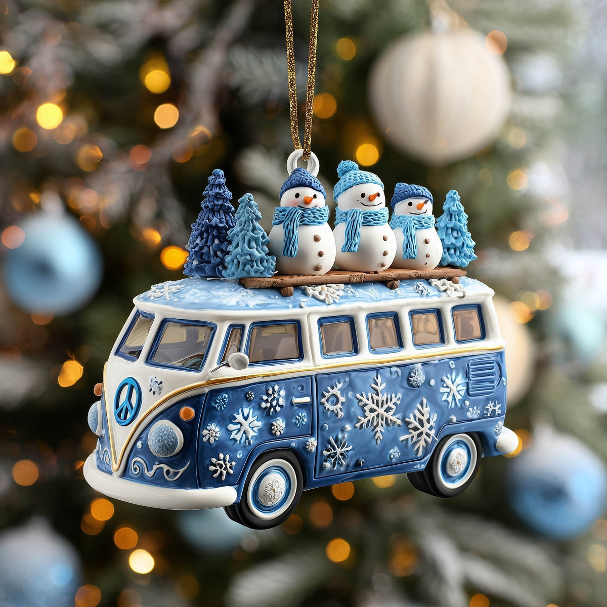 Blue Camper Van with Snowmen Christmas Ornament