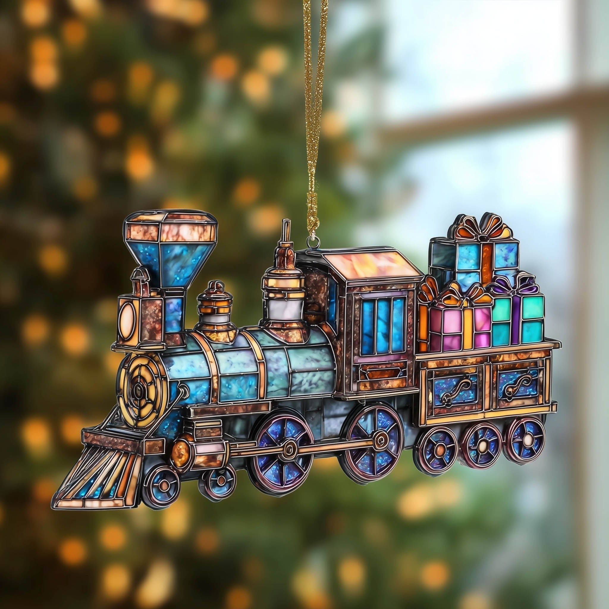 Stained Glass Gift Train Christmas Ornament