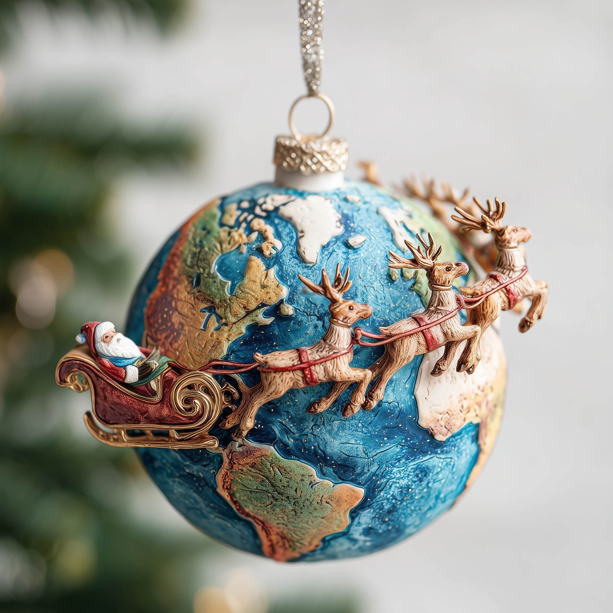 Reindeer Sleigh over the Globe Christmas Ornament